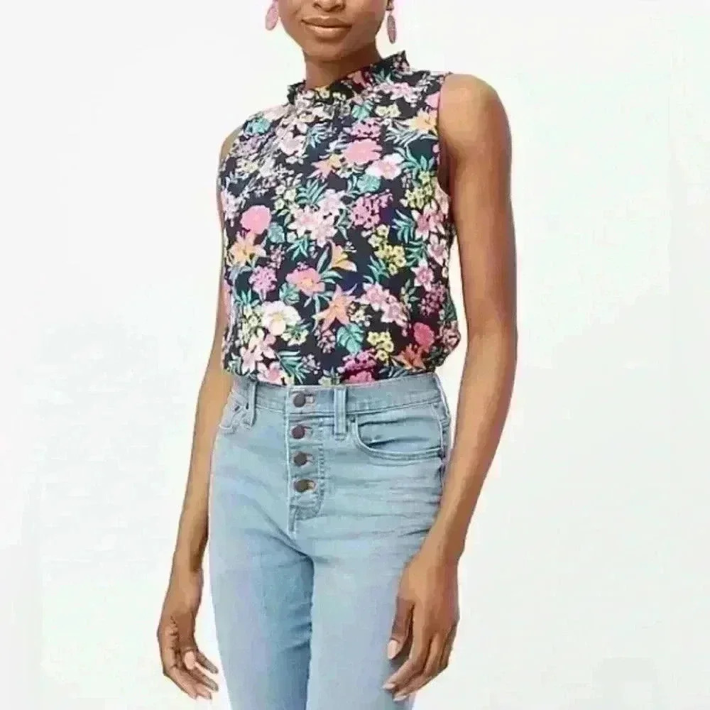 JCREW Ruffle Neck Sleeveless Floral Blouse in Navy, Pink, Green and Yellow